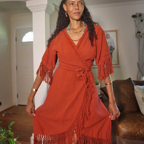 Organic Boho Linen Wrap Dress w/ Fringe - Picture 1 of 5